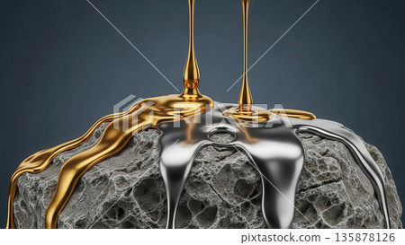 Metallic liquid gold and silver are flowing over a textured stone surface, creating a striking contrast between the shiny metals and the rough rock, symbolizing transformation and beauty Metallic liquid gold and silver are flowing over a textured stone surface, creating a striking contrast between the shiny metals and the rough rock, symbolizing transformation and beauty 135878126