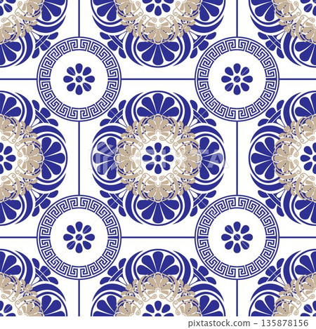 Seamless cerulean pattern with decorative blue and white tiles.  Cerulean ethnic background. Greek key meanders, lines, circles, ornaments. For tile, embroidery, porcelain, ceramic, plate, ceramic 135878156