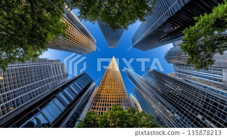 Tall modern skyscrapers viewed from ground level with a clear blue sky above 135878213