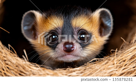 Close-up of a cute baby ferret peeking out from a nest with a dark background 135878281