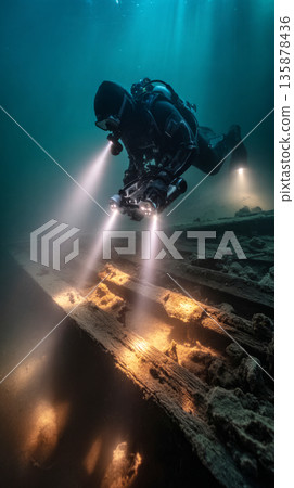 Diver explores a wrecked wooden hull as a small ROV uses its arms to inspect various details of the sunken structure underneath the water 135878436