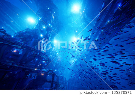 Robotic arms work on an underwater station, collecting polymetallic nodules from the ocean floor. Glowing pipes connect modular structures in this deep sea environment 135878571