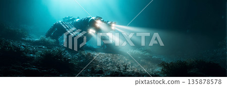 A massive robotic crawler moves along the ocean floor, collecting polymetallic nodules in deep water. Artificial lights pierce the murky darkness, revealing its path, banner 135878578