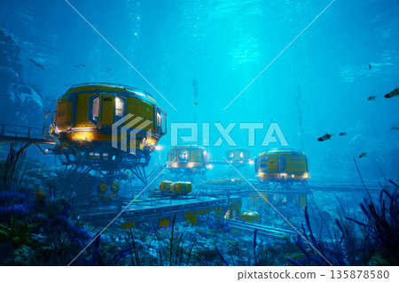 View of a mining complex underwater with modular habitat domes and robotic machines. Deep-sea creatures swim among the structures. Bright lights illuminate the scene View of a mining complex underwater with modular habitat domes and robotic machines. Deep-sea creatures swim among the structures. Bright lights illuminate the scene 135878580