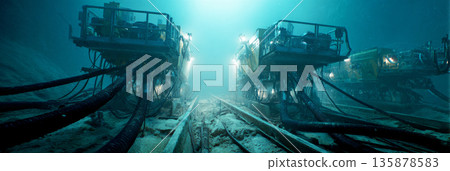Robotic mining units work underwater to extract minerals while connected by cables and suction hoses. The scene shows the machines at work in a deep location, banner 135878583