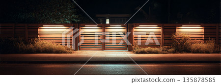 A stylish gate made of metal and wood is softly illuminated by warm LED lights, marking a welcoming entryway in a peaceful neighborhood at night, banner 135878585