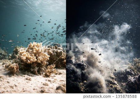 On the left, coral and fish thrive in clear water. On the right, broken coral is covered in silt and fish swim away from the disturbance. This reflects damage to marine life 135878588