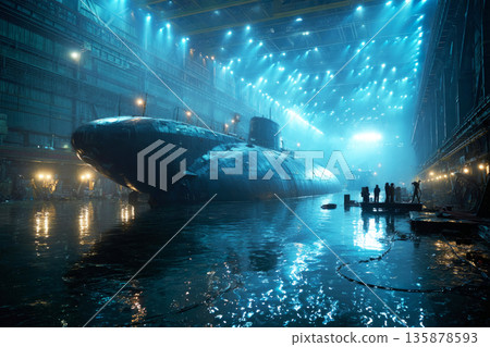 Engineers calibrate submersible sensors in a large maintenance hangar at sea. Steam rises while reflections shimmer on the water surface, creating a unique working environment Engineers calibrate submersible sensors in a large maintenance hangar at sea. Steam rises while reflections shimmer on the water surface, creating a unique working environment 135878593