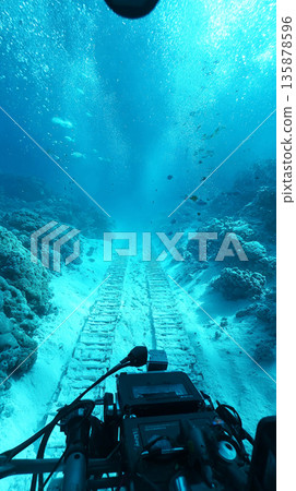 Tracks flatten coral in the ocean while fish swim away from the vehicle towards dark water. Robot lights cut through the thick water offering a glimpse into the depths 135878596