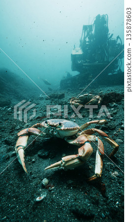 Crabs and other benthic invertebrates move away as a robotic excavator works on the seafloor. The scene shows an underwater environment disturbed by machinery 135878603