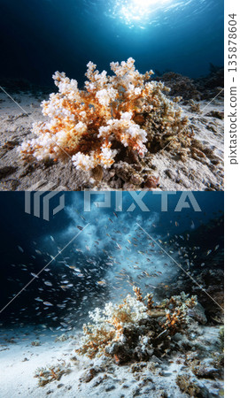 On the left, coral and fish thrive in clear water. On the right, broken coral is covered in silt and fish swim away from the disturbance. This reflects damage to marine life 135878604