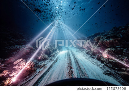 Tracks flatten coral in the ocean while fish swim away from the vehicle towards dark water. Robot lights cut through the thick water offering a glimpse into the depths Tracks flatten coral in the ocean while fish swim away from the vehicle towards dark water. Robot lights cut through the thick water offering a glimpse into the depths 135878606