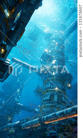 Robotic arms work on an underwater station, collecting polymetallic nodules from the ocean floor. Glowing pipes connect modular structures in this deep sea environment 135878607