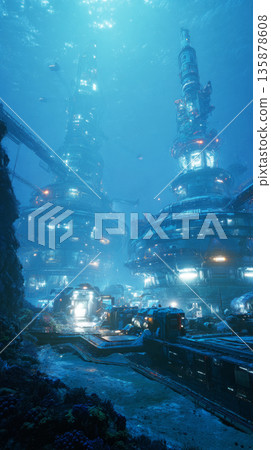 A city lies beneath the sea, showcasing tall towers and complex pipelines. Robotic vehicles glide along the seabed, guided by glowing panels that light up the dark water A city lies beneath the sea, showcasing tall towers and complex pipelines. Robotic vehicles glide along the seabed, guided by glowing panels that light up the dark water 135878608