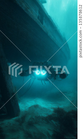 Robotic submersible uses lights to scan wooden hull of ancient galleon underwater. Sand swirls around as it uncovers coral-covered cannons at the site of the wreck Robotic submersible uses lights to scan wooden hull of ancient galleon underwater. Sand swirls around as it uncovers coral-covered cannons at the site of the wreck 135878612