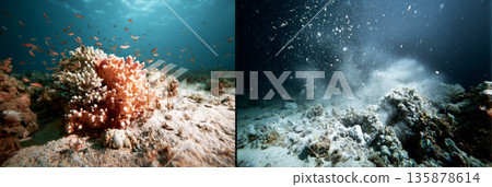 On the left, coral and fish thrive in clear water. On the right, broken coral is covered in silt and fish swim away from the disturbance. This reflects damage to marine life, banner 135878614