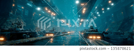 A city lies beneath the sea, showcasing tall towers and complex pipelines. Robotic vehicles glide along the seabed, guided by glowing panels that light up the dark water, banner 135878621