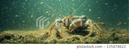 A crab crawls along the sandy ocean floor in search of food. The water is clear, and sunlight filters through the surface, creating a lively underwater scene 135878622