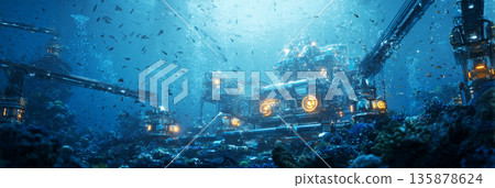 Robotic arms work on an underwater station, collecting polymetallic nodules from the ocean floor. Glowing pipes connect modular structures in this deep sea environment, banner Robotic arms work on an underwater station, collecting polymetallic nodules from the ocean floor. Glowing pipes connect modular structures in this deep sea environment, banner 135878624