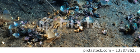 Close-up view shows cobalt, nickel, and manganese nodules on the sandy seabed with small deep-sea creatures nearby. This scene reveals ocean floor life in its natural state, banner 135878625