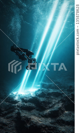 Robotic arm works on the ocean floor to gather polymetallic nodules as silt clouds billow up into the water column, with light filtering down from above 135878628