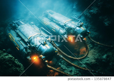 Robotic mining units work underwater to extract minerals while connected by cables and suction hoses. The scene shows the machines at work in a deep location Robotic mining units work underwater to extract minerals while connected by cables and suction hoses. The scene shows the machines at work in a deep location 135878647