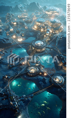 View of a mining complex underwater with modular habitat domes and robotic machines. Deep-sea creatures swim among the structures. Bright lights illuminate the scene View of a mining complex underwater with modular habitat domes and robotic machines. Deep-sea creatures swim among the structures. Bright lights illuminate the scene 135878649