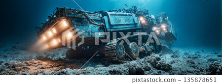 A robotic excavator is moving along the seafloor, disturbing the marine environment. Crabs and various benthic invertebrates are retreating from the area due to the activity, banner A robotic excavator is moving along the seafloor, disturbing the marine environment. Crabs and various benthic invertebrates are retreating from the area due to the activity, banner 135878651