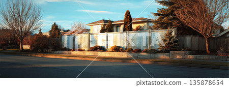 A modern noise barrier features layered panels placed alongside a suburban house, creating a stark boundary. Minimal landscaping enhances the area, illuminated by the soft evening light, banner 135878654