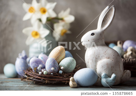 Easter still life shows a bunny next to colorful eggs in a nest. Flowers in a vase add to the scene. This arrangement is meant for holiday decoration and celebration 135878665
