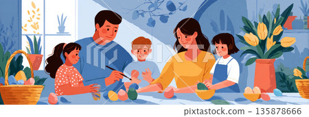 Parents and their children gather around a table, painting eggs for Easter. Spring flowers are placed around a sunny room. Baskets filled with eggs add to the festive atmosphere, banner Parents and their children gather around a table, painting eggs for Easter. Spring flowers are placed around a sunny room. Baskets filled with eggs add to the festive atmosphere, banner 135878666