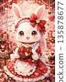 A stuffed rabbit posing in front of a cake 135878677