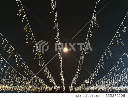 Warm lights of garlands, softly shining against the background of the deep night sky create an atmosphere of comfort, romance and festive mood. Defocused light forms a bokeh effect. For holiday themes 135879206