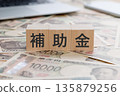 一塊寫著「補貼」字樣的磚塊，磚塊下面是錢。 135879256