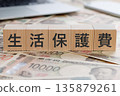 一塊寫著「福利金」字樣的磚塊，磚塊上方是鈔票。 135879261