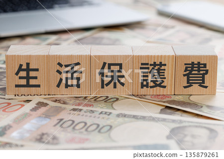 A block with the words "welfare benefits" written on top of money 135879261