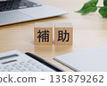 桌上放著一個寫著「援助」字樣的積木。 135879262