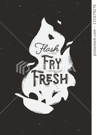 Pan fire illustration with lettering flash fry fresh black 135879276