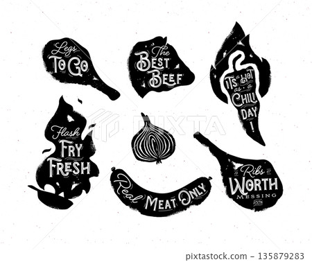Barbecue collection grilled meat chicken leg fry pan steak chili and sausage Barbecue collection grilled meat chicken leg fry pan steak chili and sausage 135879283