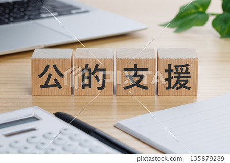 桌上放著一個寫著「公共援助」字樣的方塊。 135879289