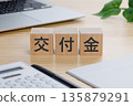 桌上放著一個寫著「撥款」字樣的方塊。 135879291