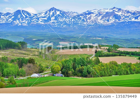 可飽覽北海道上富良野丘陵地區和十勝山脈的壯麗景色。 135879449
