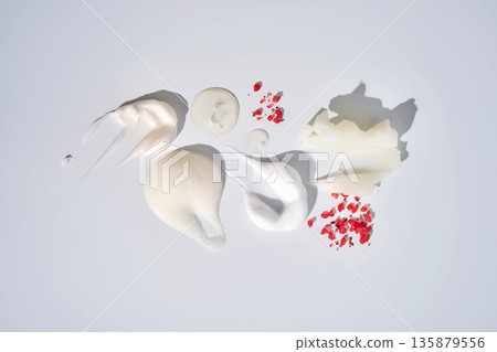 Skincare product swatches showing various textures and compositions Skincare product swatches showing various textures and compositions 135879556