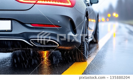 Close-up of a modern gray car driving on a wet road with yellow lane markings 135880204