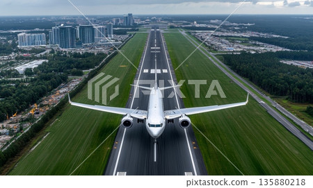 Commercial airplane landing on a runway with a cityscape in the background 135880218