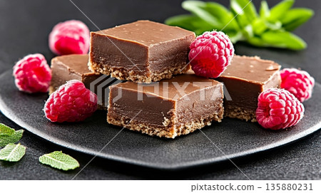 Delicious chocolate fudge squares garnished with fresh raspberries on a black plate Delicious chocolate fudge squares garnished with fresh raspberries on a black plate 135880231