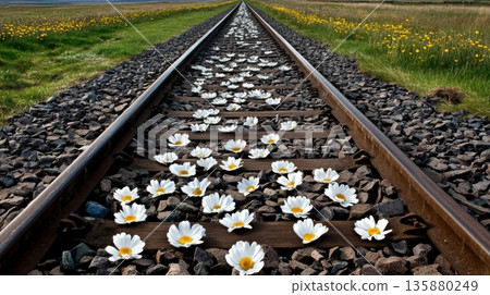 Railway tracks extend into the distance with white flowers scattered on the ground Railway tracks extend into the distance with white flowers scattered on the ground 135880249