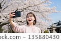 年輕女子在盛開的櫻花樹前自拍。 135880430