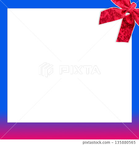 White paper in a gradient blue and pinkk frame. large red ribbon placed on the top right corner of the frame, object, decor, love, gift 135880565