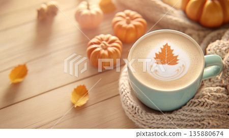 Cozy autumn latte with leaf art in a cup, surrounded by pumpkins and warm knit blanket Cozy autumn latte with leaf art in a cup, surrounded by pumpkins and warm knit blanket 135880674